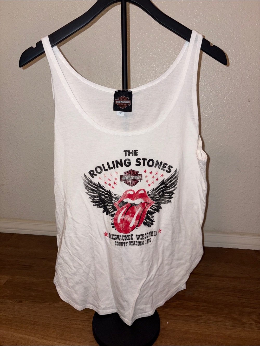 Harley-Davidson White Tank with Red Rolling Stones Tongue Graphic